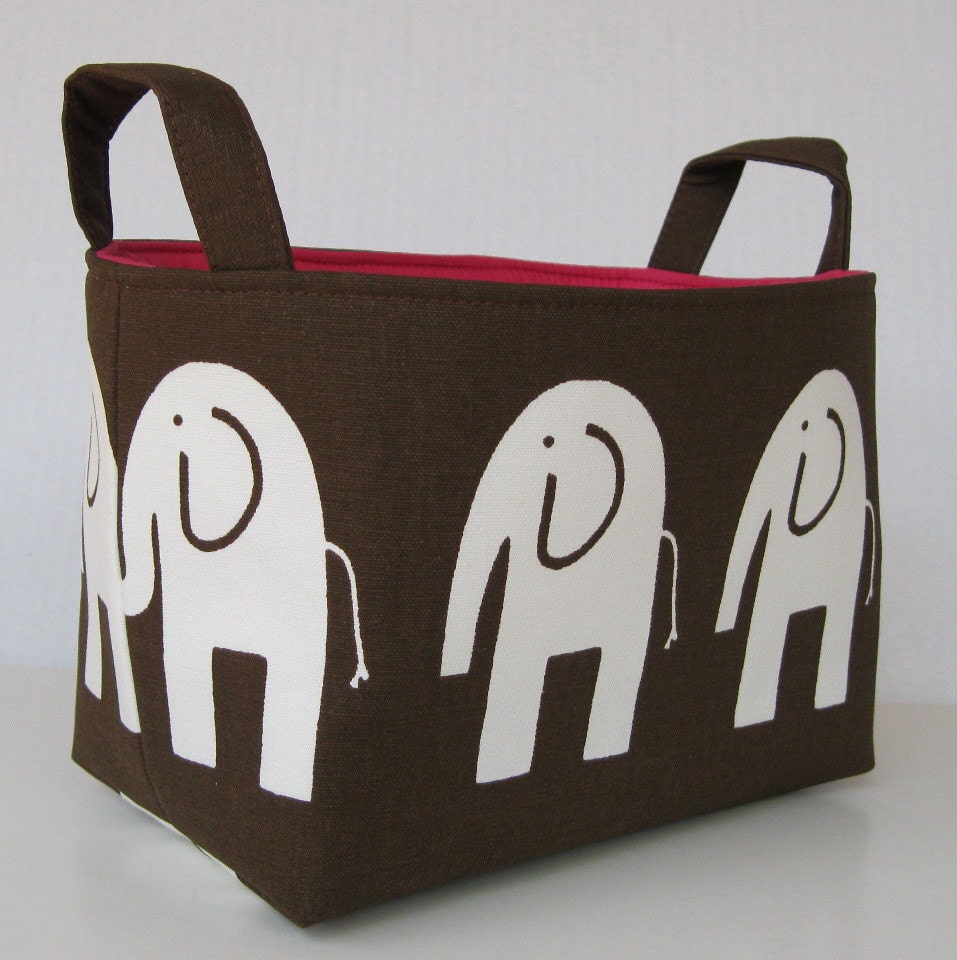Fabric Organizer Storage Bin Container Basket - Ele Elephant - White on Chocolate Brown
