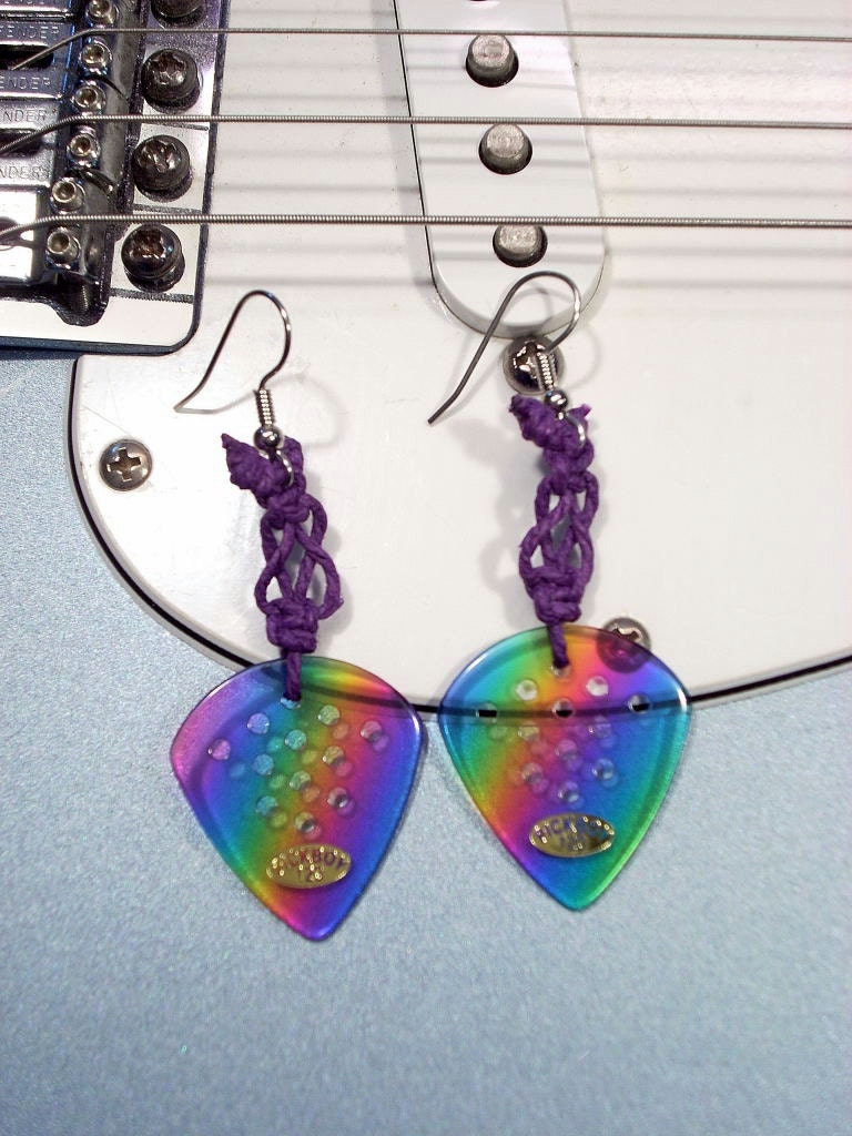 Rainbow Earrings - Guitar Pick Earrings - Rainbow Jazz Purple Hemp Guitar Pick Earrings - FREE SHIPPING