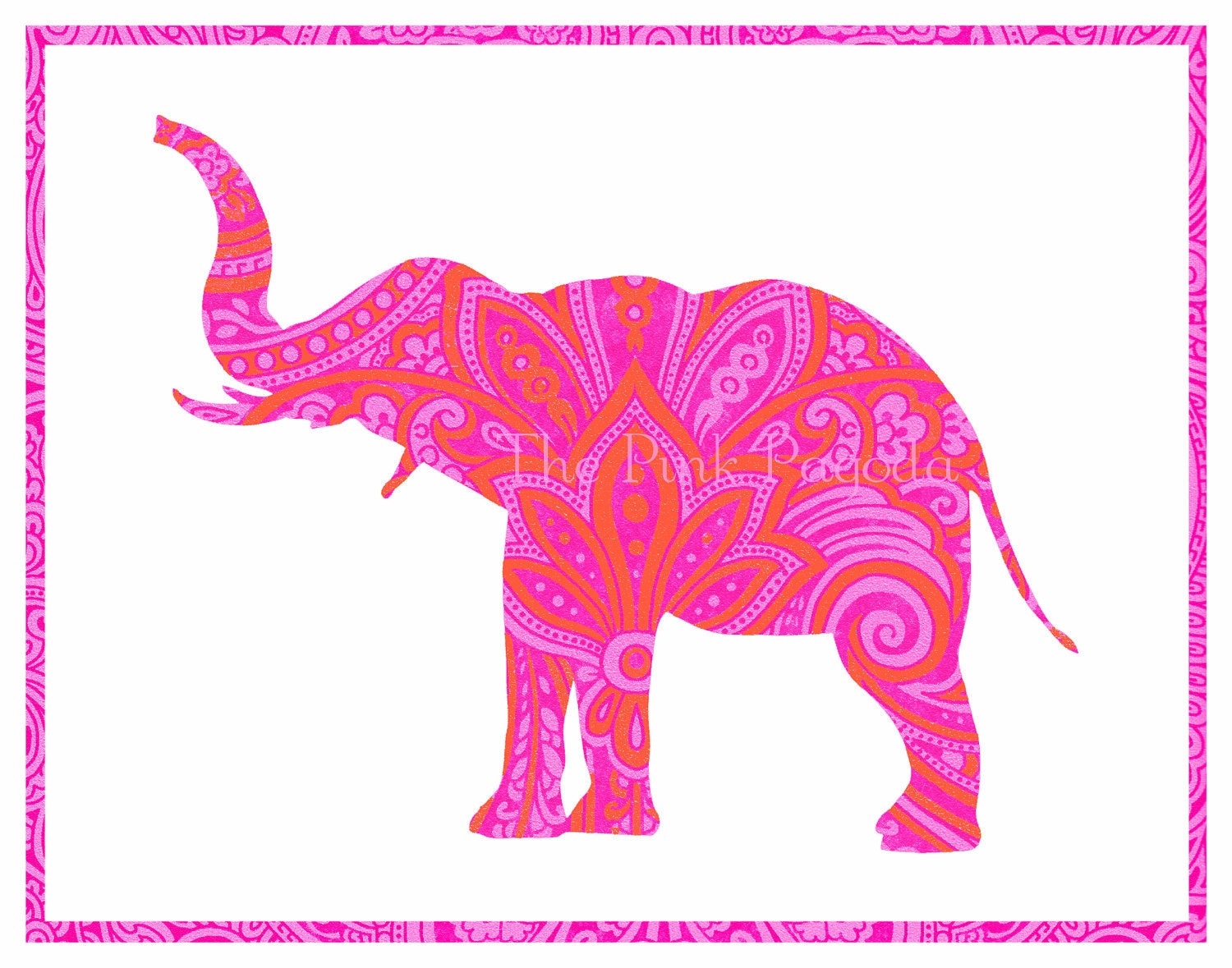 Tangerine Orange and Hot Pink Indian Paisley Elephant Silhouette Giclee 11x14
