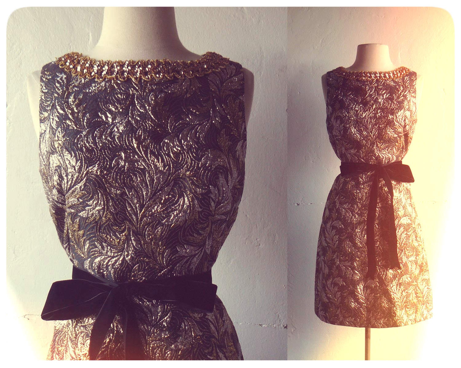 vintage 1950s black and gold jacquard wiggle dress