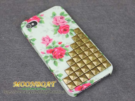 Flower Rose Hard Case With Antique Brass Pyramid Stud for Apple iPhone 4 ,iPhone 4s,iPhone 4 Hard Case,iPhone Case MB447