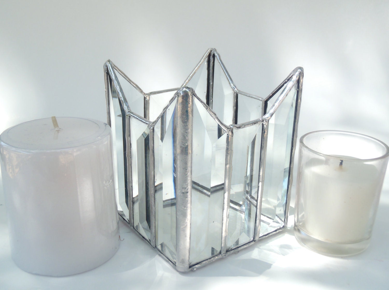 Stained glass candle holder, clear bevels, votive