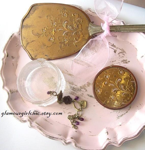 Antique Art Deco VAnity Mirror Glass Trinket jar Gold embellishment  Shabby Chic Style Mothers DAY