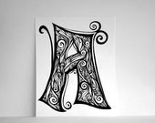 Hand Drawn Letter A in Black and White Swirls, Personalized Alphabet Art - 8x10 Print