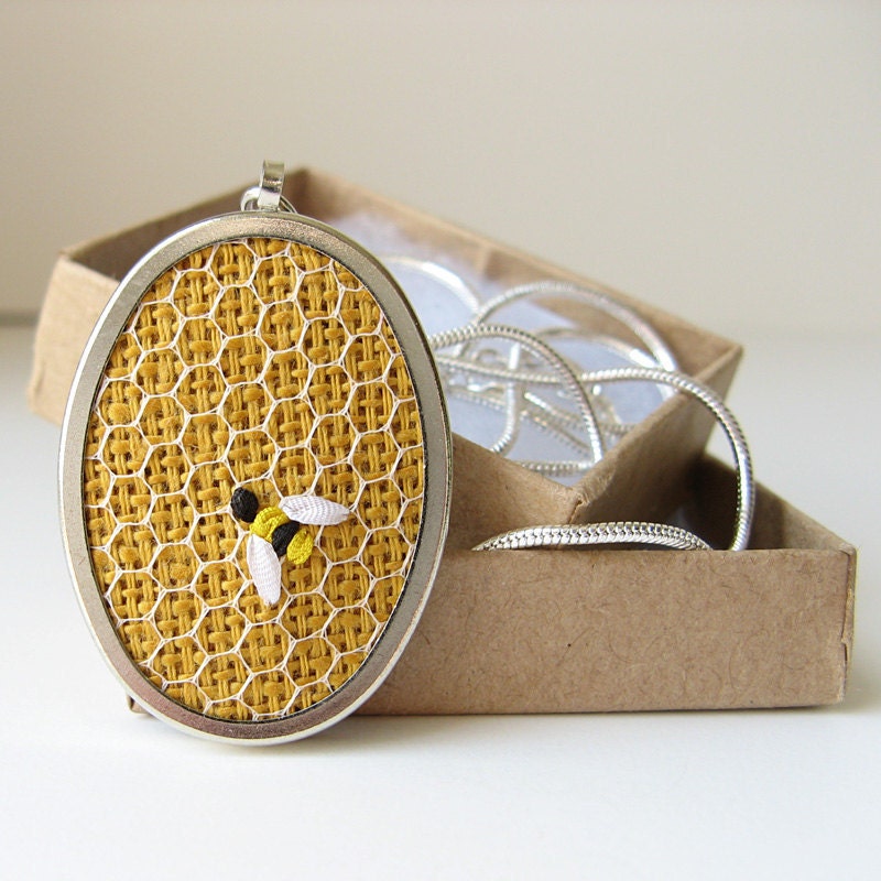 Bee Necklace on Honeycomb hand embroidered