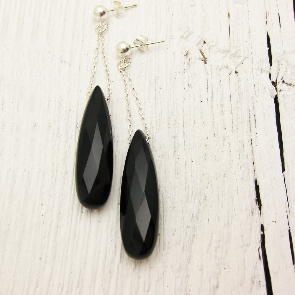 Black Onyx Earrings in Solid Sterling Silver: faceted drop dangle gift mothers day white texture dreamy elegant evening night dance