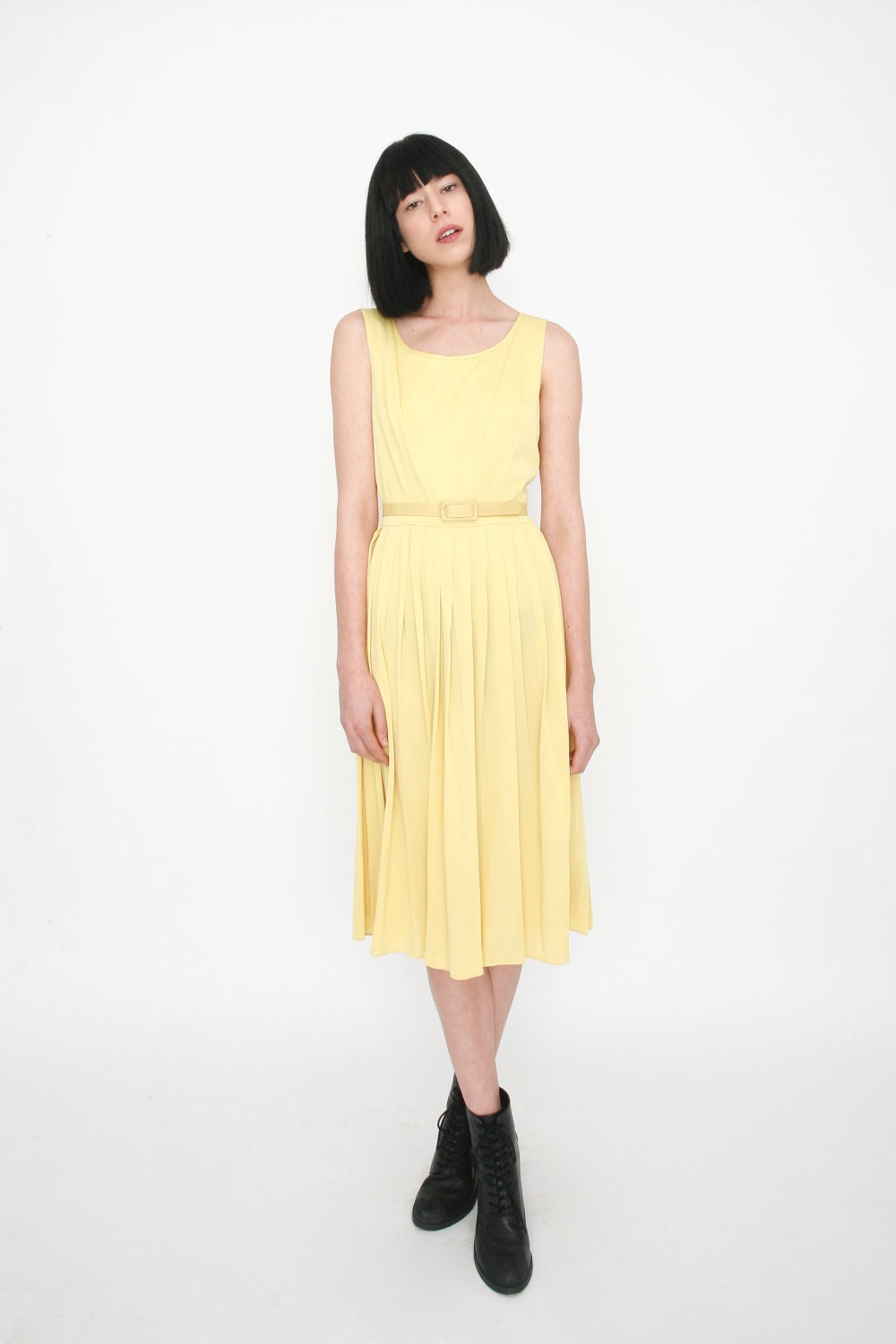 Vintage 1950's Yellow Dress with Belted Waist and Pleated Skirt