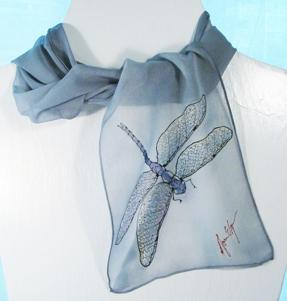 Silk Scarf- Chiffon Silk Scarf in silvery gray with a simple dragonfly