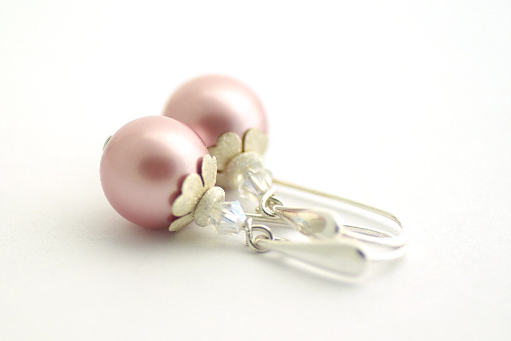 Mothers Day, Pearl Earrings, Swarovski Crystals and Pearls, Wedding Jewelry, sterling silver 925, pastel pink,