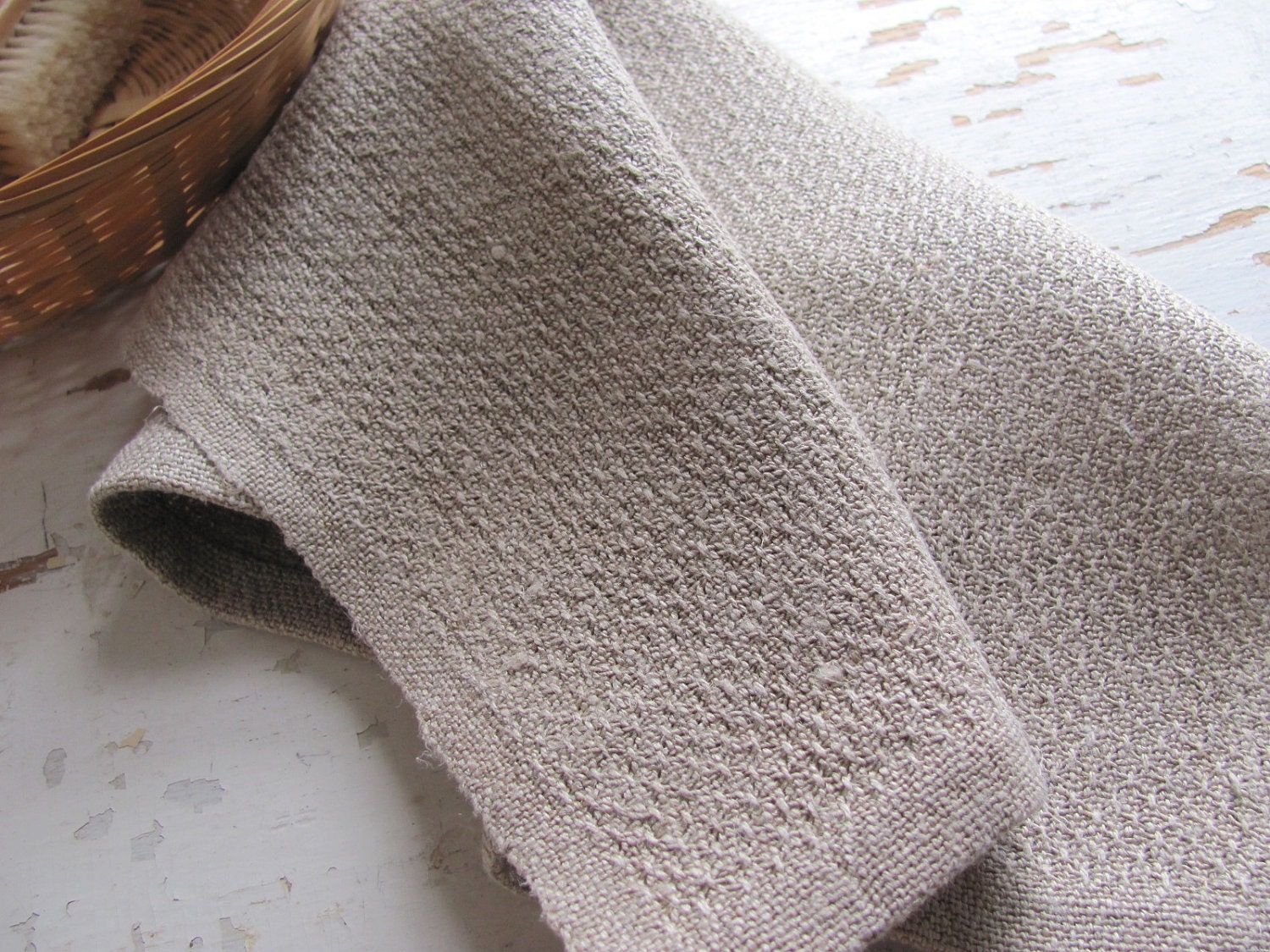 Natural Rustic Linen Handwoven Hand or Bath Towel with Textured Huck Pattern Weave