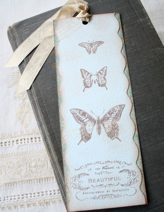Bookmark Vintage French Style Handmade Butterflies on Blue  - Vintage French Style
