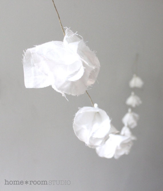 SET OF 3 - Fabric Flower Garland - Wall Hanging - White Muslin Blossoms - 6.5 ft - Wedding or Home Decor