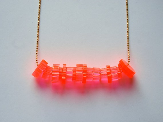 Fluorescent Neon Pink Cog Bead Necklace - Custom Laser Cut Acrylic