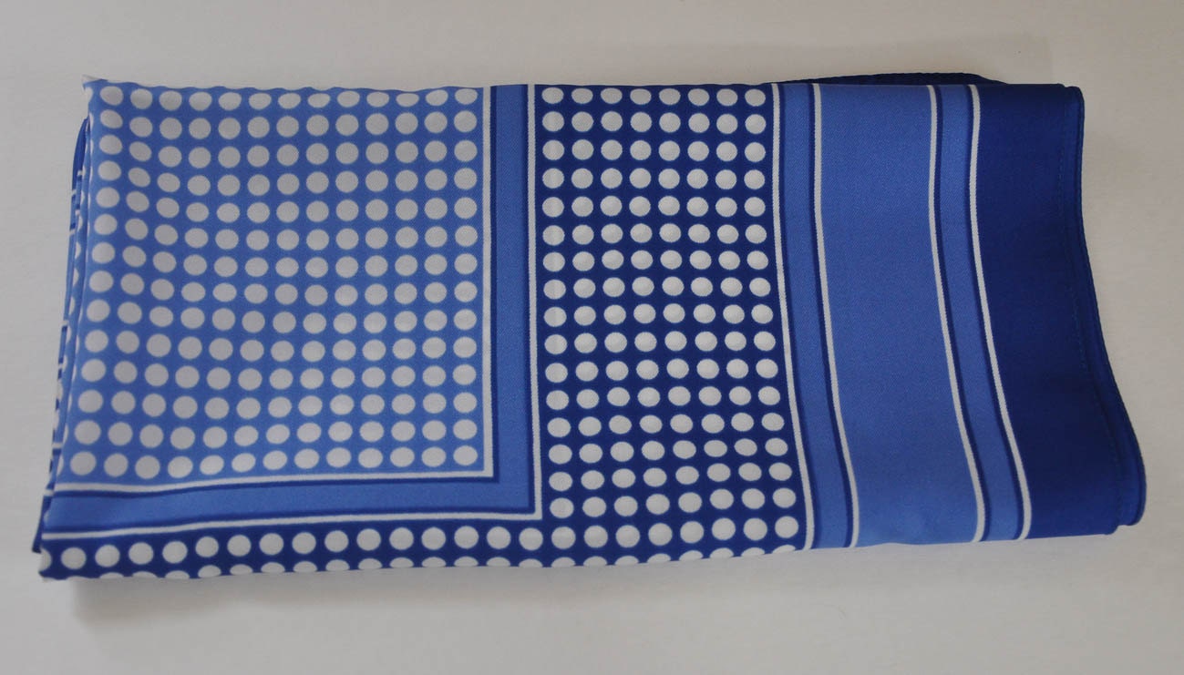 1970s Shades of Blue and White Polka Dot Square Water Repellant Vintage Scarf