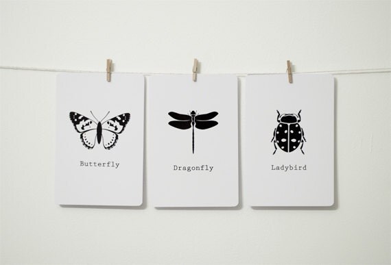Set of 3 Insect silhouette postcards - black white - butterfly dragonfly ladybird silhouette postcard