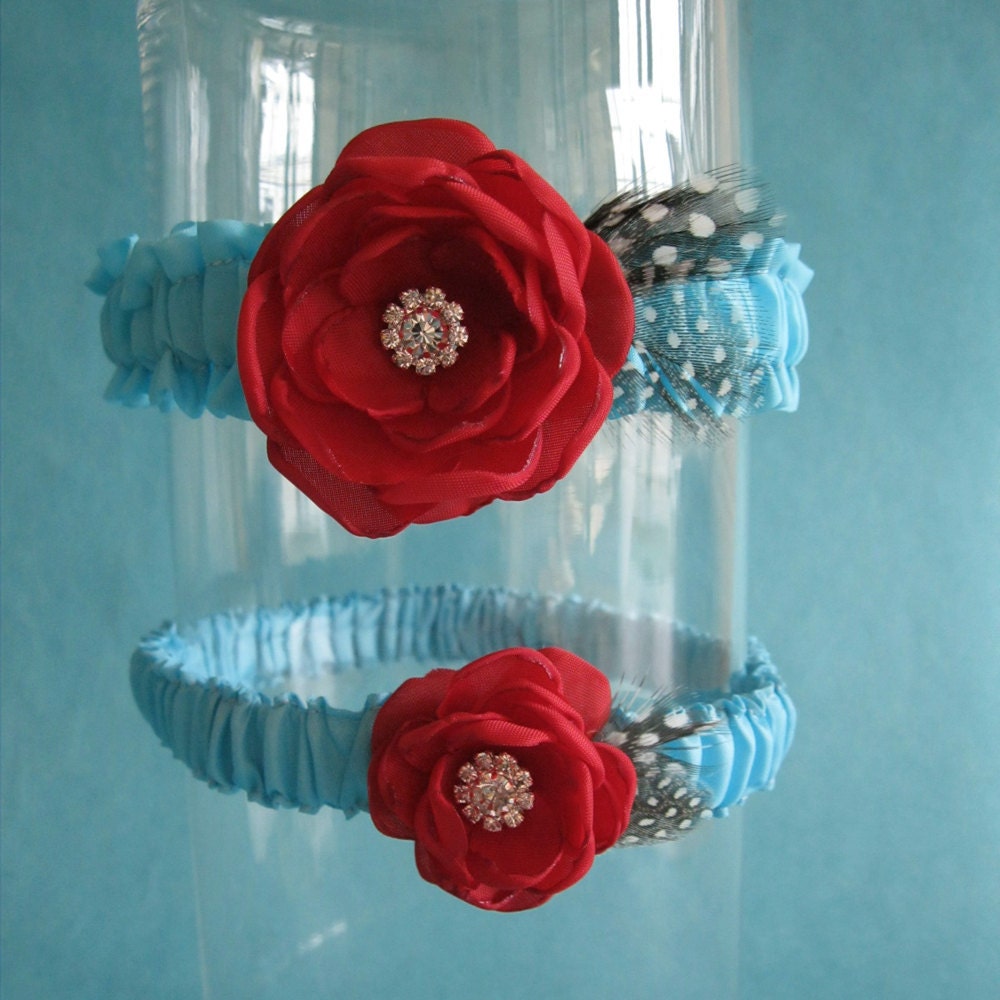 Tiffany Blue and Red Feather Rose Wedding Garter Set D162 bridal garter