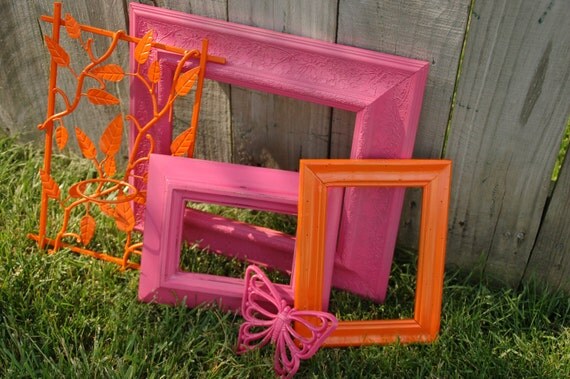 Pink and orange shabby chic upcycled gallery frames with cast iron candle holder and pink butterfly retro home decor